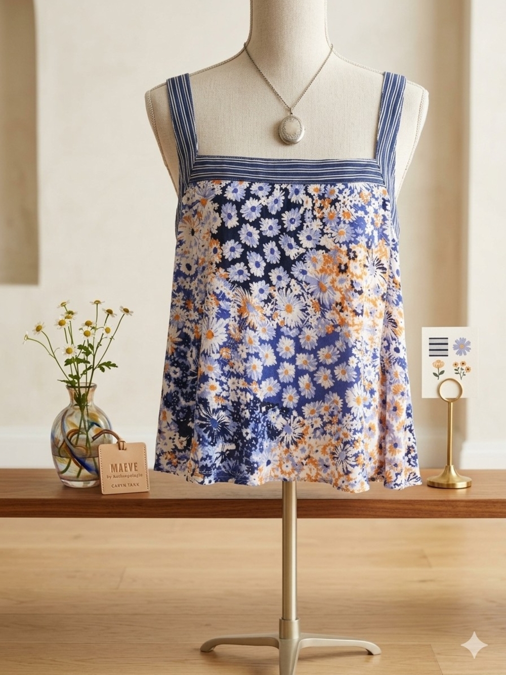 Anthropologie MAEVE Blue Floral Square-Neck Cami with Striped Straps